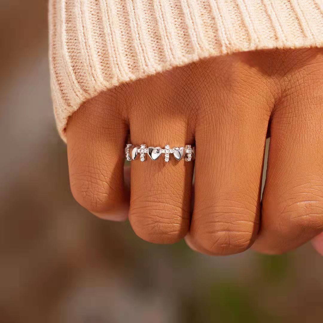 Silver Cross & Hearts Ring