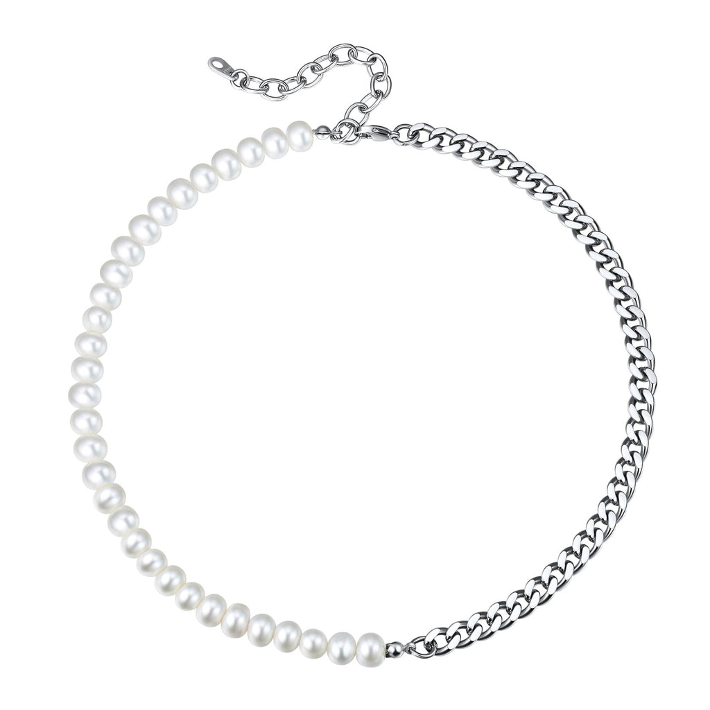 Half 8mm White Pearl and Half 7mm Cuban Link Chain Choker Necklace