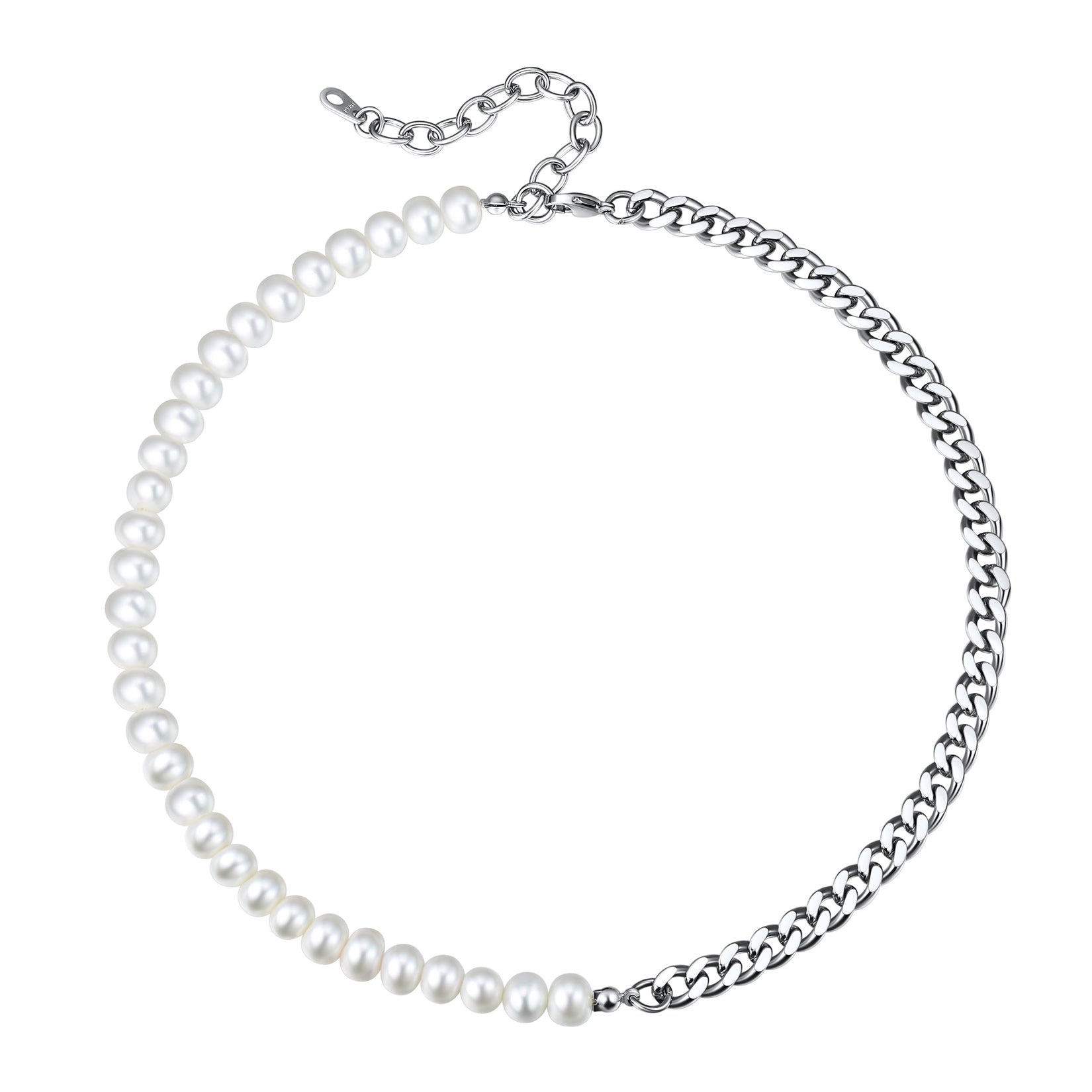 Half 8mm White Pearl and Half 7mm Cuban Link Chain Choker Necklace