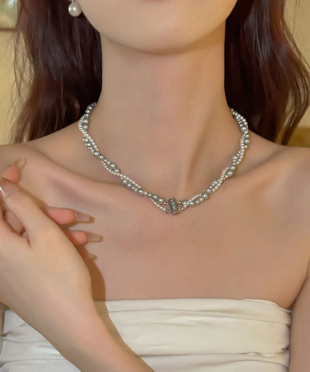 Unique Stainless Steel Double Layer Pearl Gratuated Bead Necklace