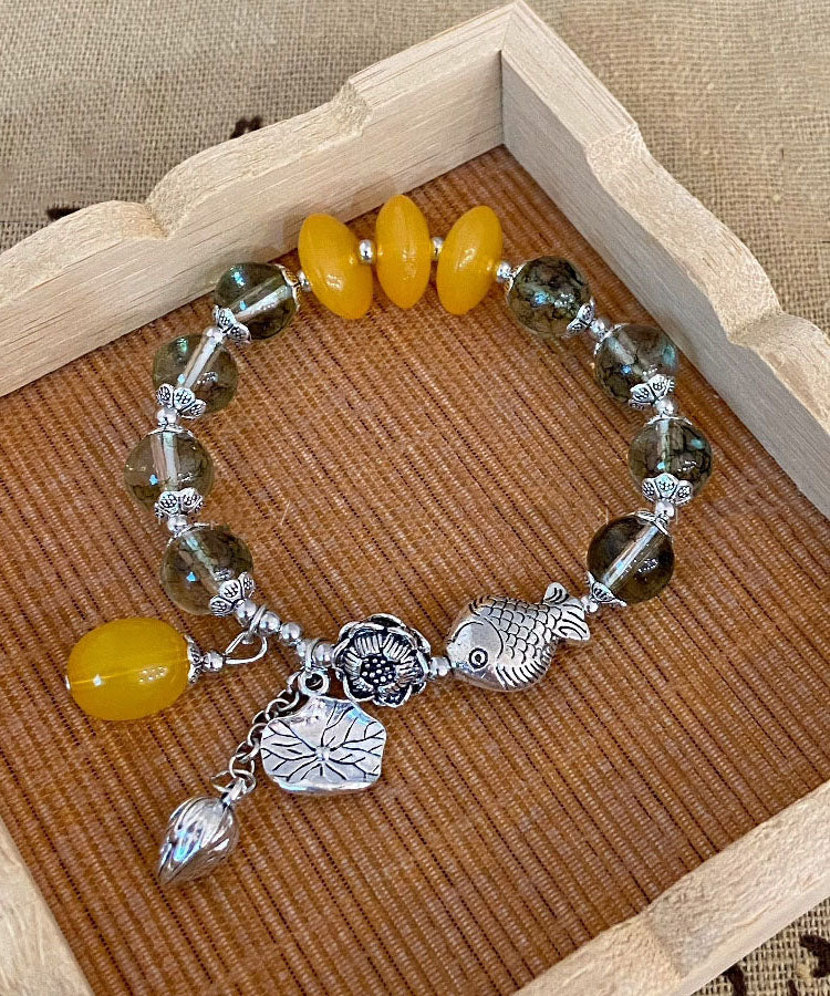 Silk Sterling Silver Crystal Little Fish Playing With Lotus Tassel Charm Bracelet