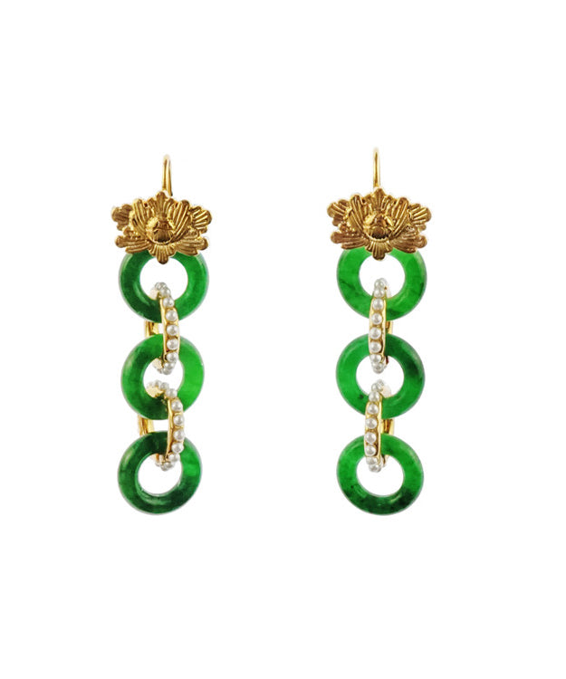 Green 18k Gold Pearl Patchwork Jadeite Hoop Earrings