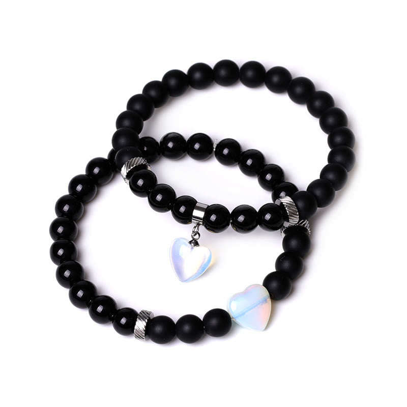 Buddha Stones 2pcs Black Onyx Crystal Stone Love Heart Protection Support Couple Bracelet