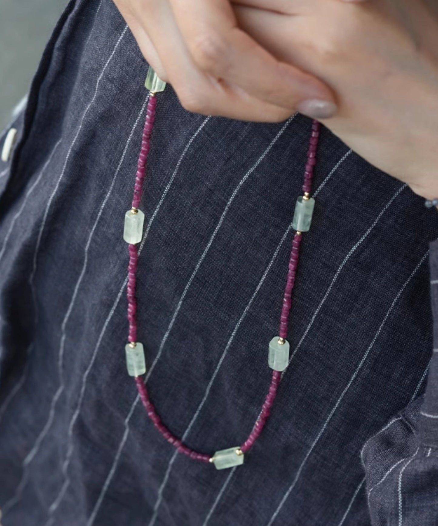 Modern Purple 14k Gold Gem Stone Beading Gratuated Bead Necklace