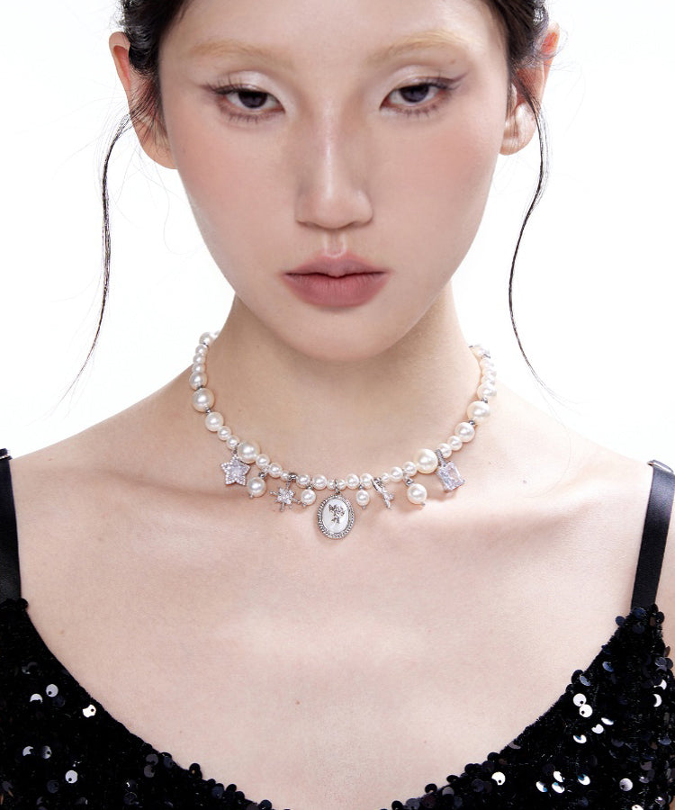 Stylish Pearl Angel Zircon Silver Plated Pendant Choker