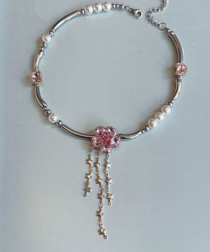 Stylish Pink Zircon Pearl Tassel Adjustable Alloy Choker