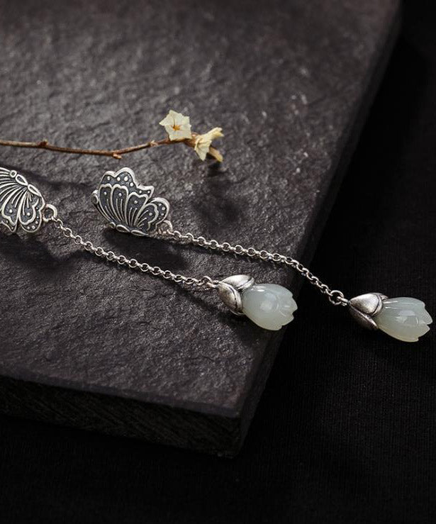 Sterling Silver Inlaid Jade Butterfly Drop Earrings