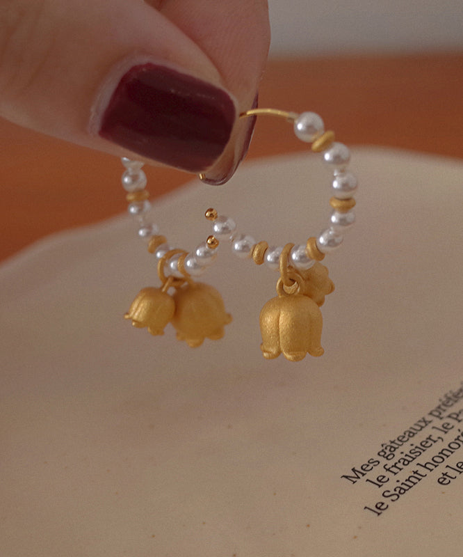 Pearl Patchwork Small Bell 14k Gold Hoop Earrings
