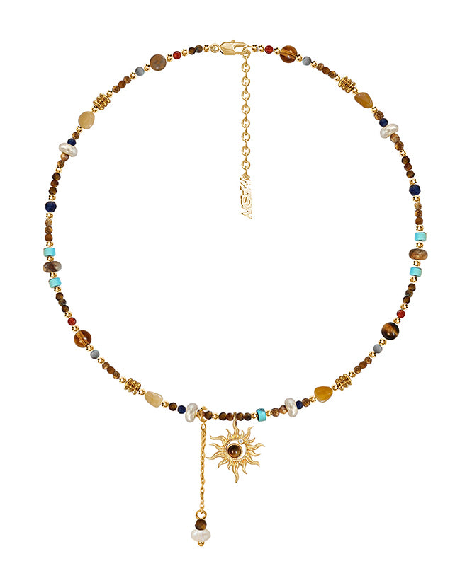 Gold Copper Allopy Pearl Agate Tiger's Eye Stone Pendant Necklace