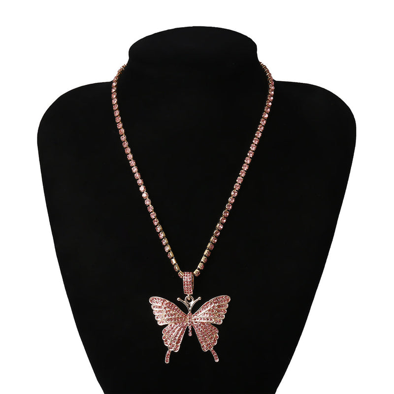 Butterfly Pendant Necklace Rhinestones With Crystal Chain