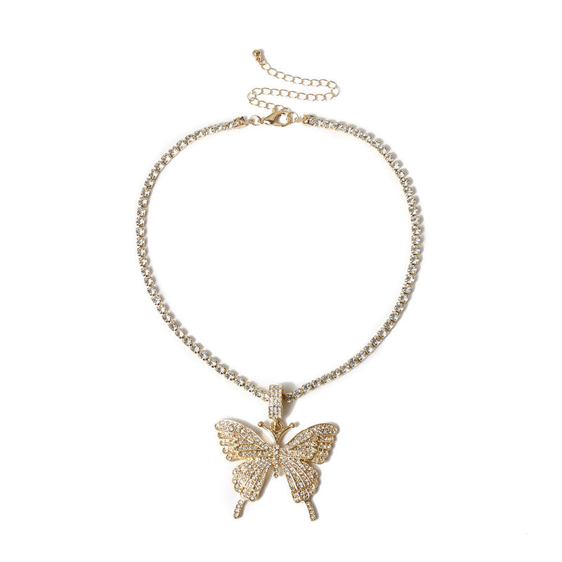 Butterfly Pendant Necklace Rhinestones With Crystal Chain