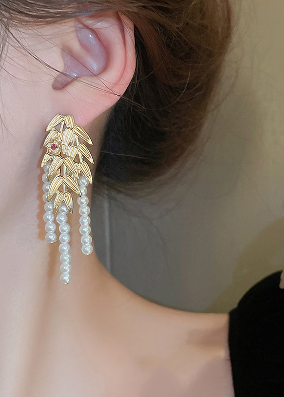 Gold Overgild Butterfly Pearl Leaf Tassel Drop Earrings