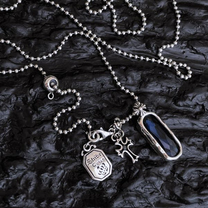 Sterling Silver Blue Round Bead Cross Pendant Necklace