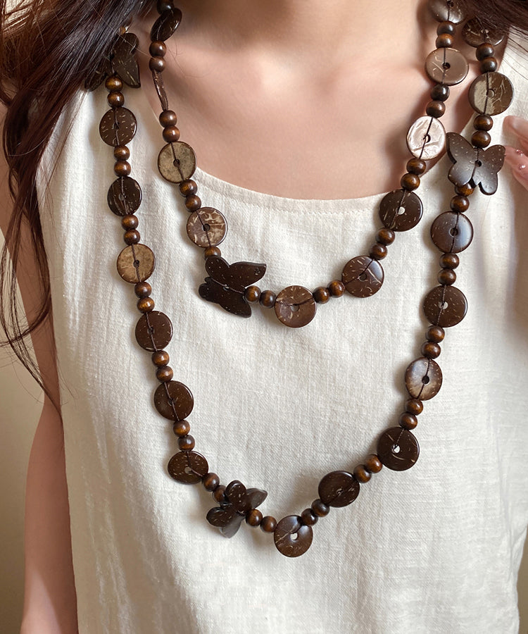 Coffee Wooden Coconut Shell Beading Sweater Gratuated Bead Necklace