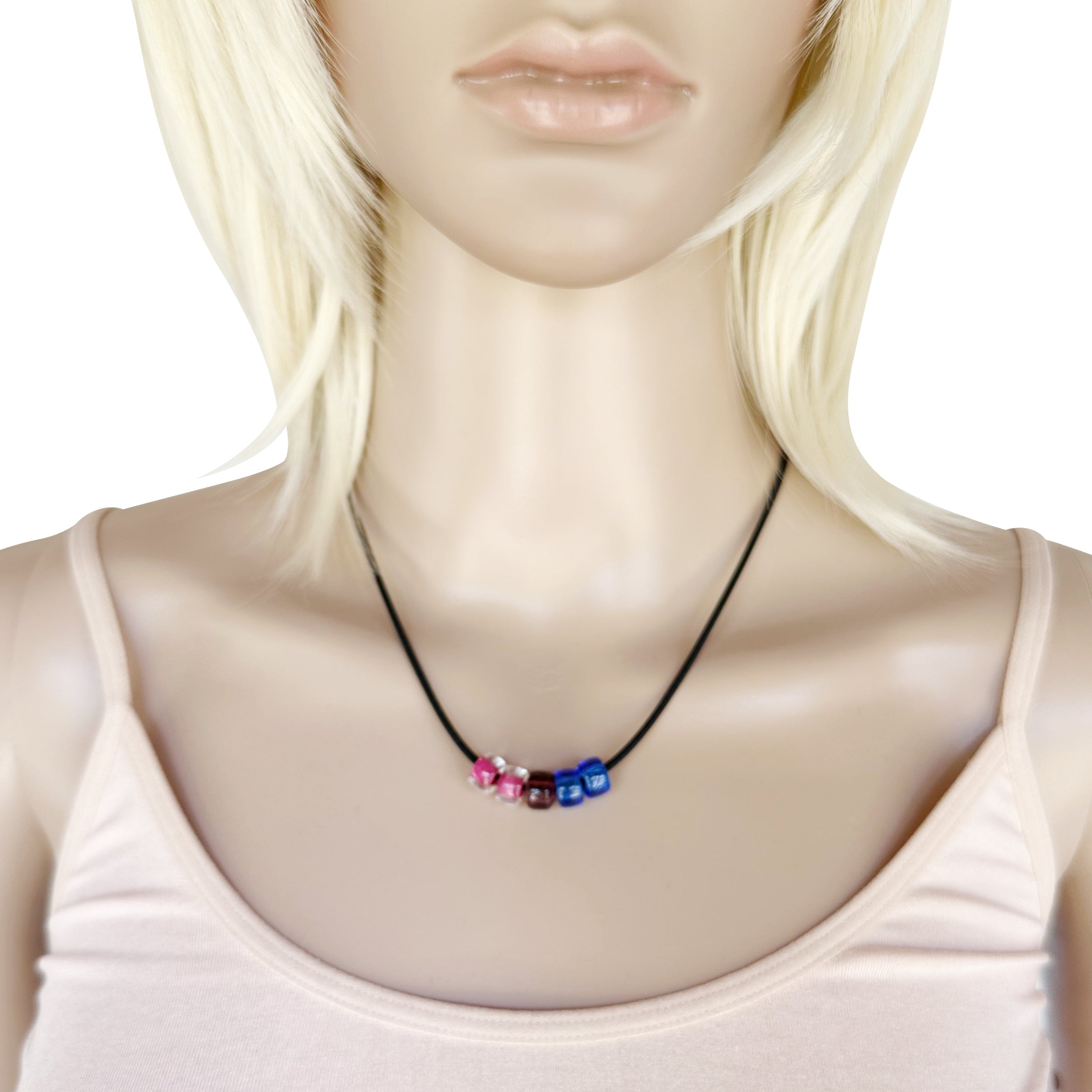Bisexual Pride/bi Ally Necklace With Czech Glass Beads on Black Rubber Cord, 18 Inches