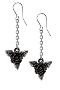 Black Rose Dropper Earrings With Silver Leaves