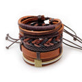 Brown Leather Bracelet in Rock Style / Braided Rope Wristband 5 Pcs Set