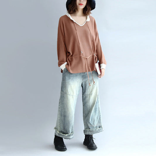 Brown Cotton Sweaters Pullover Drawstring Long Sleeve Knit Tops