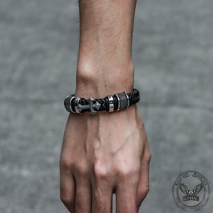 Budded Cross Stainless Steel Braided Leather Bracelet