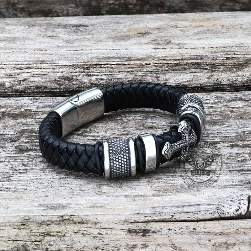 Budded Cross Stainless Steel Braided Leather Bracelet