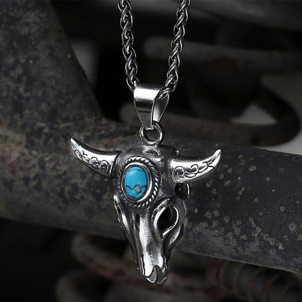 Bull Head Skull Stainless Steel Turquoise Pendant