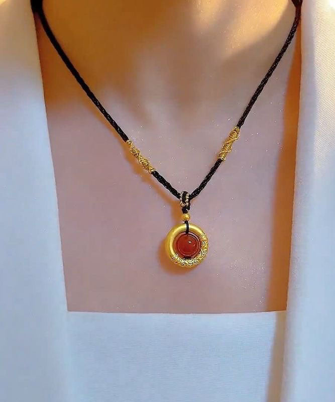 Gold Hand Knitting Agate Jade Pendant Necklace