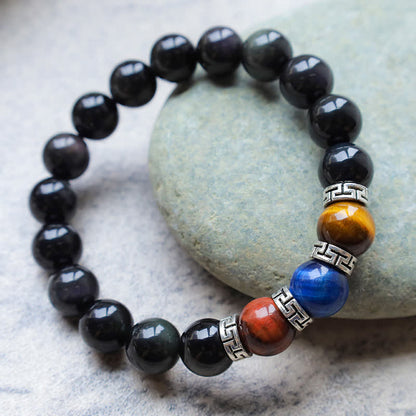 Buddha Stones Natural Black Obsidian Tricolor Tiger Eye Strength Bracelet