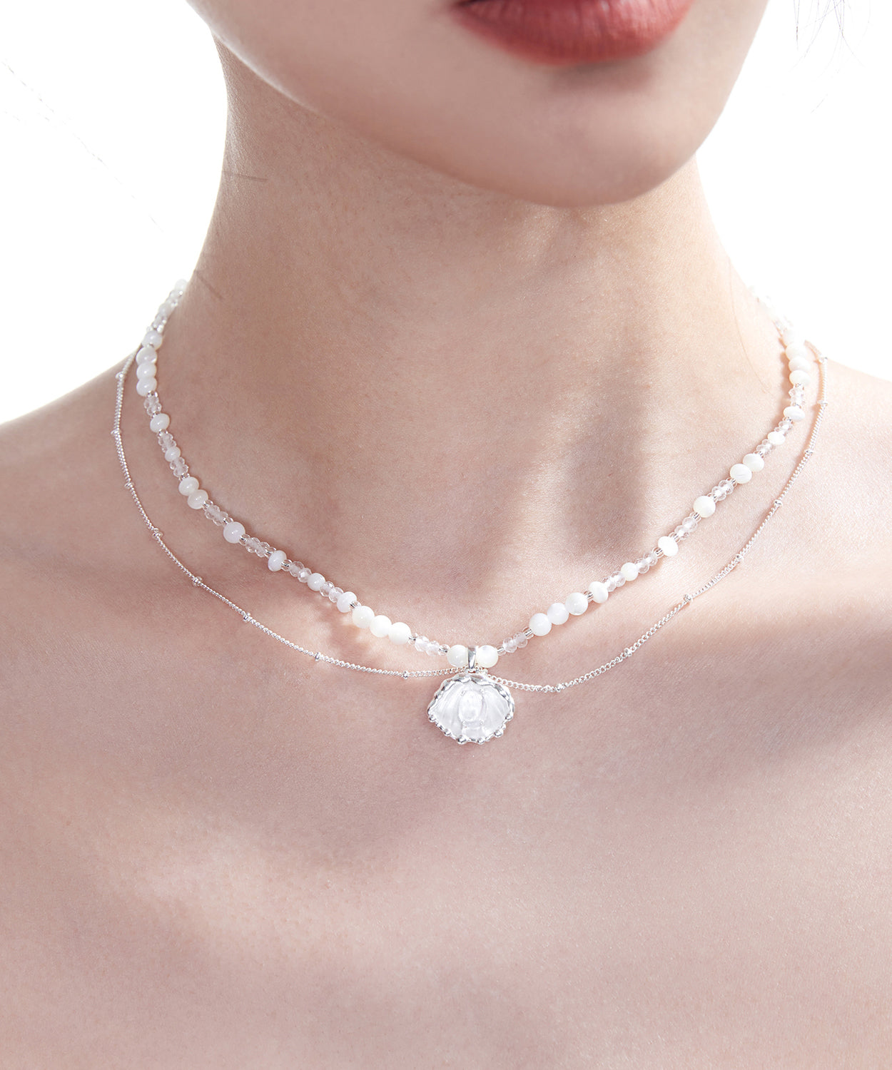 Flower Pendant Crystal Double Layer Chain Silver Plated Choker