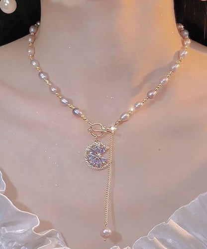 Light Purple Copper Overgild Pearl Tassel Pendant Necklace