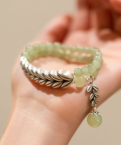 Retro Light Green Sterling Silver Jade Wheat Ear Chain Bracelet