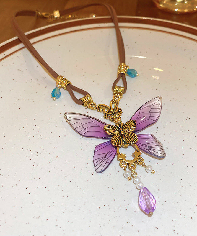 Purple Sterling Silver Alloy Crystal Butterfly Pendant Necklace