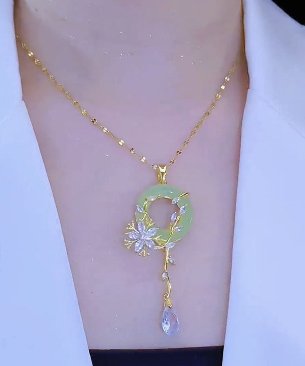 Light Green Stainless Steel Inlaid Crystal Jade Pendant Necklace