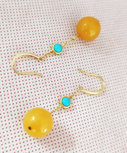 Yellow Sterling Silver Inlaid Beeswax Turquoise Drop Earrings