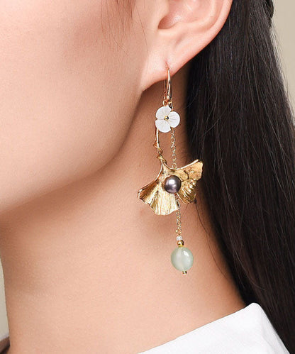 Style Asymmetrical Design Flower 14k Gold Jade Drop Earrings