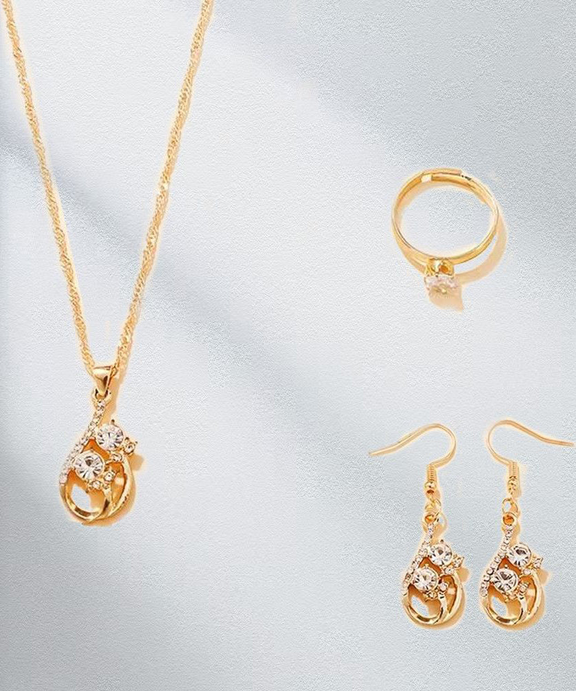 Gold Zircon Drop Earrings ,rings and Pendant Necklace Three-piece Set