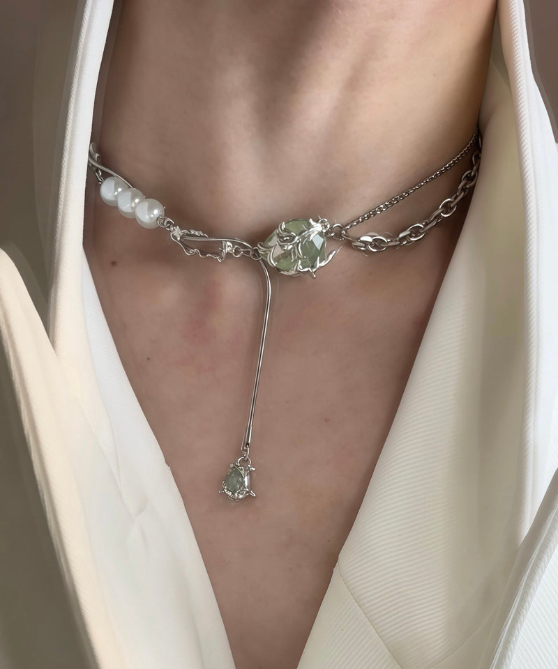 Stylish Green Stainless Steel Pearl Jade Bamboo Joint Water Droplet Tassel Lariat Necklace