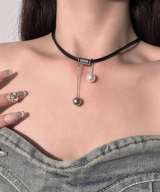Handmade Black Leather Pearl Pendant Necklace