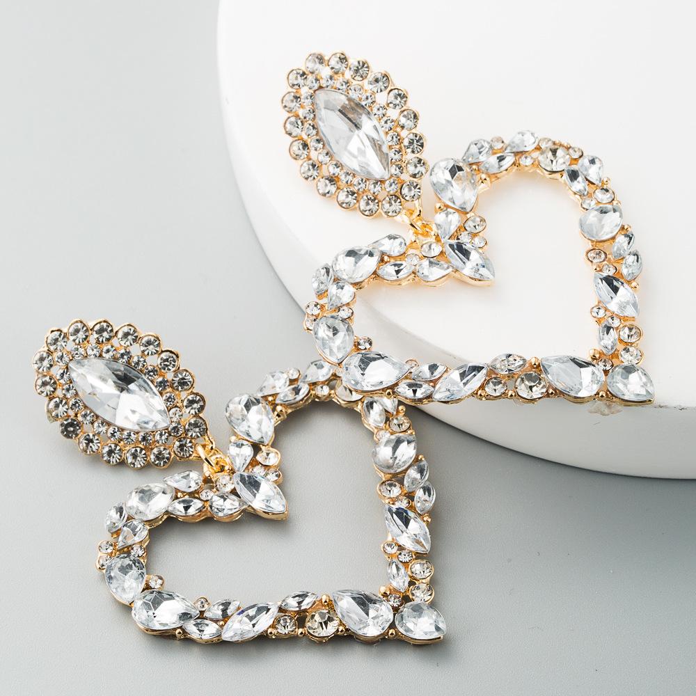 Heart-shaped Alloy With Colored Diamonds Retro Temperament Exaggerated Earrings