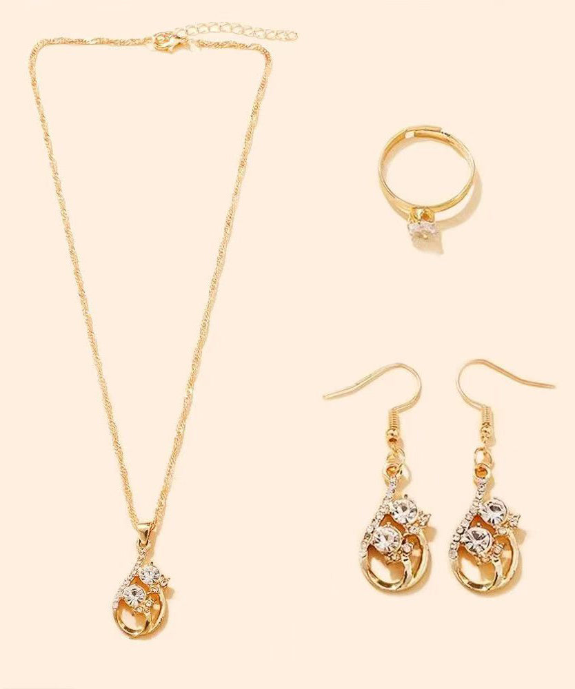 Gold Zircon Drop Earrings ,rings and Pendant Necklace Three-piece Set