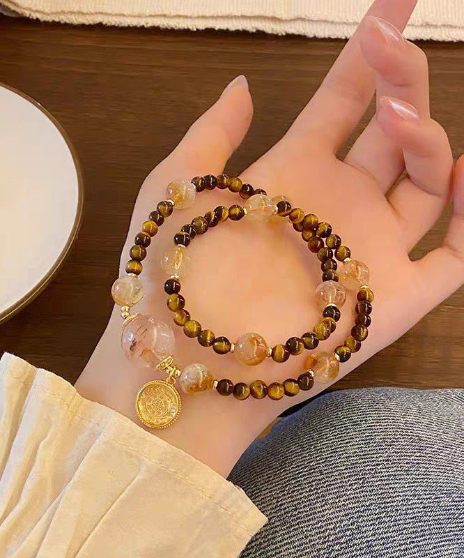 Art Brown Copper Overgild Crystal Tiger's Eye Beading Charm Bracelet