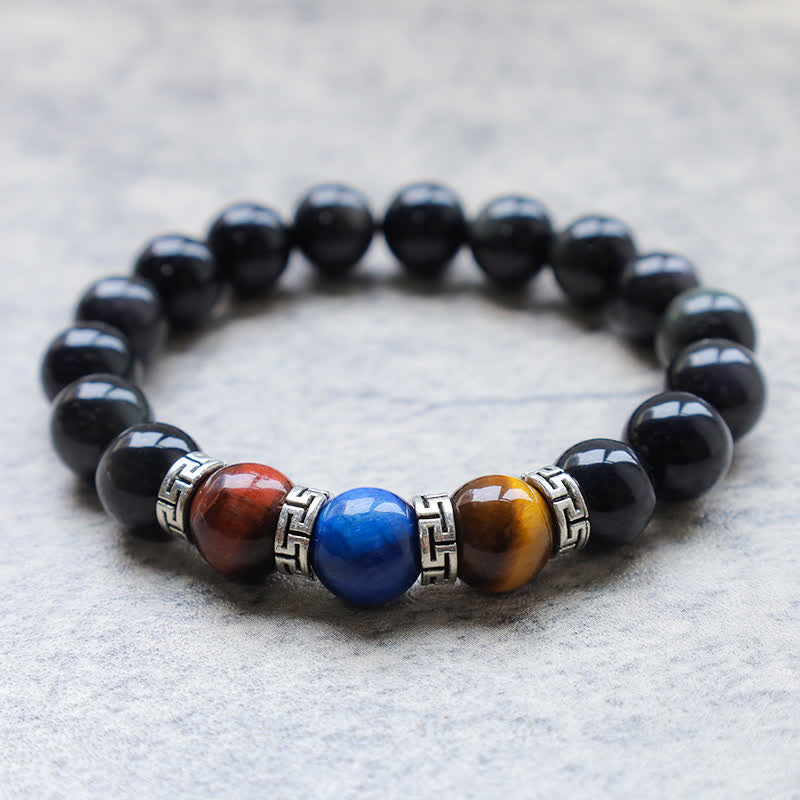 Buddha Stones Natural Black Obsidian Tricolor Tiger Eye Strength Bracelet