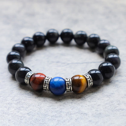 Buddha Stones Natural Black Obsidian Tricolor Tiger Eye Strength Bracelet