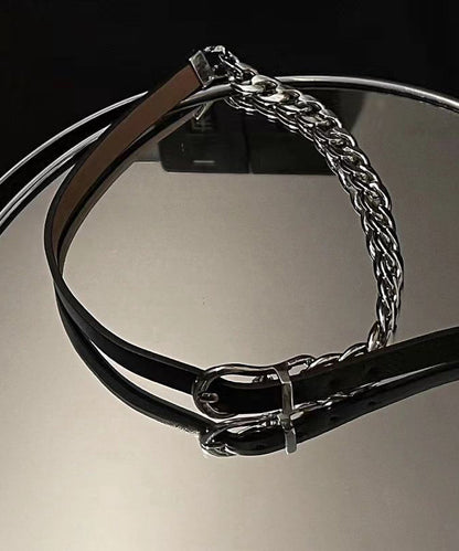 Black Alloy Chain Patchwork Leather Choker