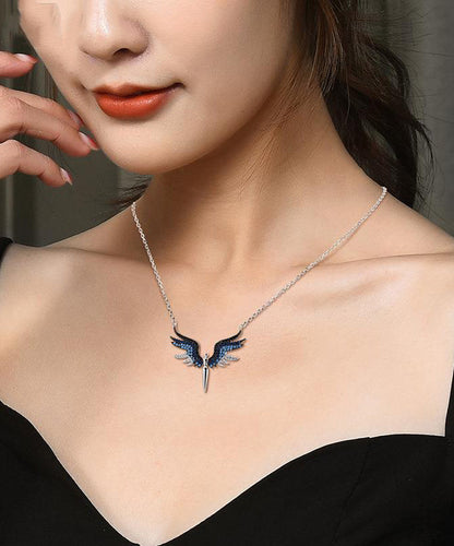 Blue Zircon Wing Metal Pendant Necklace