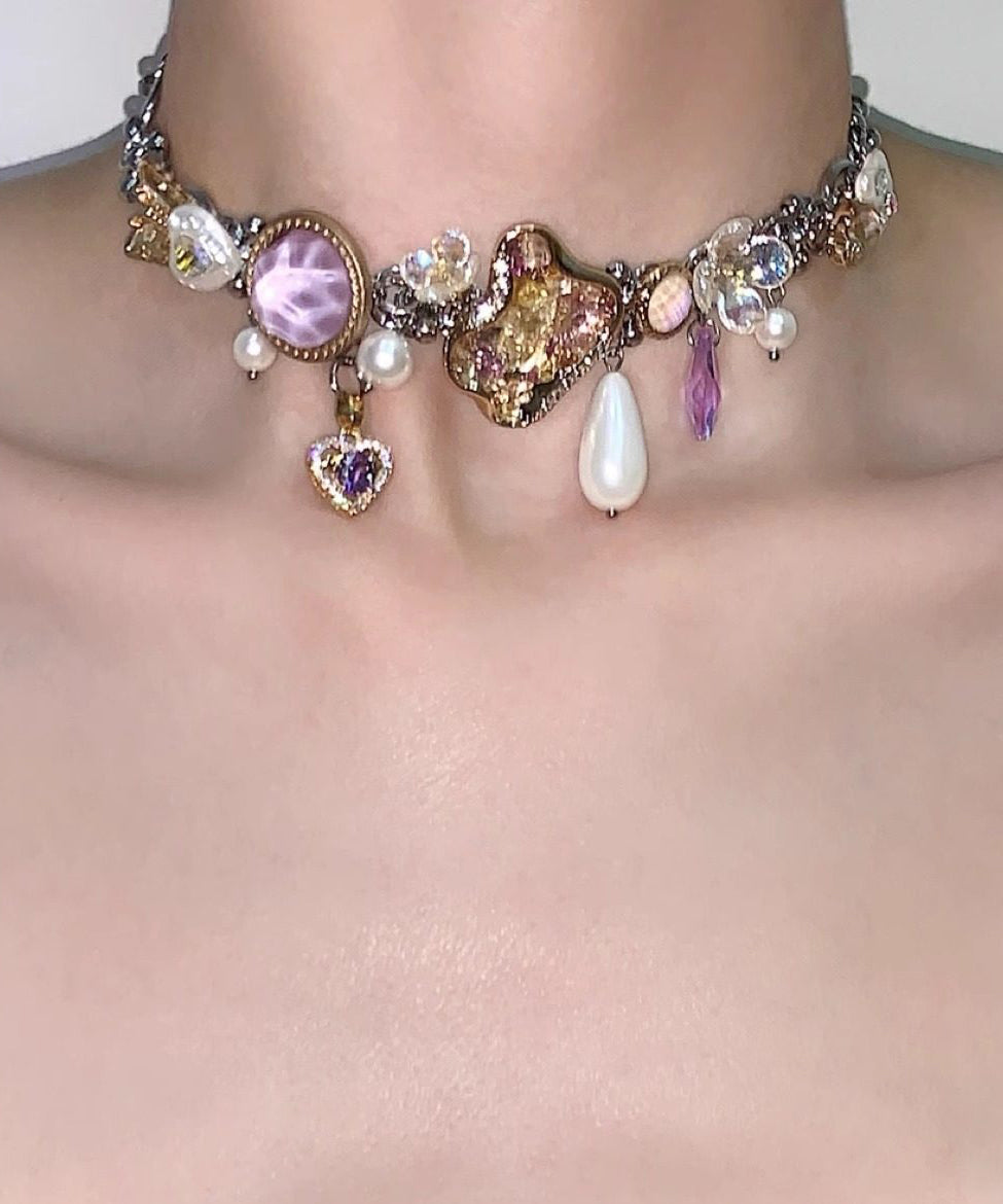Art Purple Crystal Water Droplet Adjustable Titanium Steel Choker