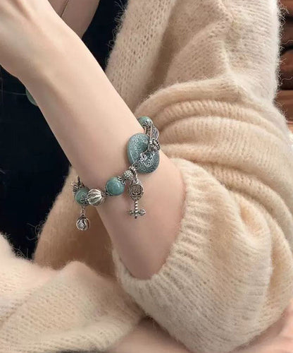 Fine Blackish Green Sterling Silver Jade Ping Buckle Charm Bracelet
