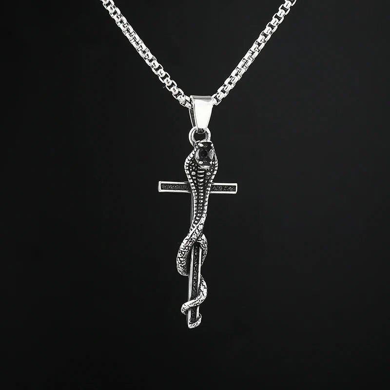 Cobra Snake Entwined Cross Pendant