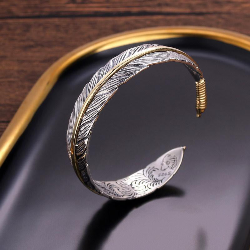 Copper Feather Pattern Carved Luck Wealth Cuff Bracelet