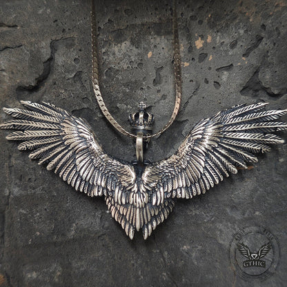 Crowned Skeleton Wings Sterling Silver Pendant
