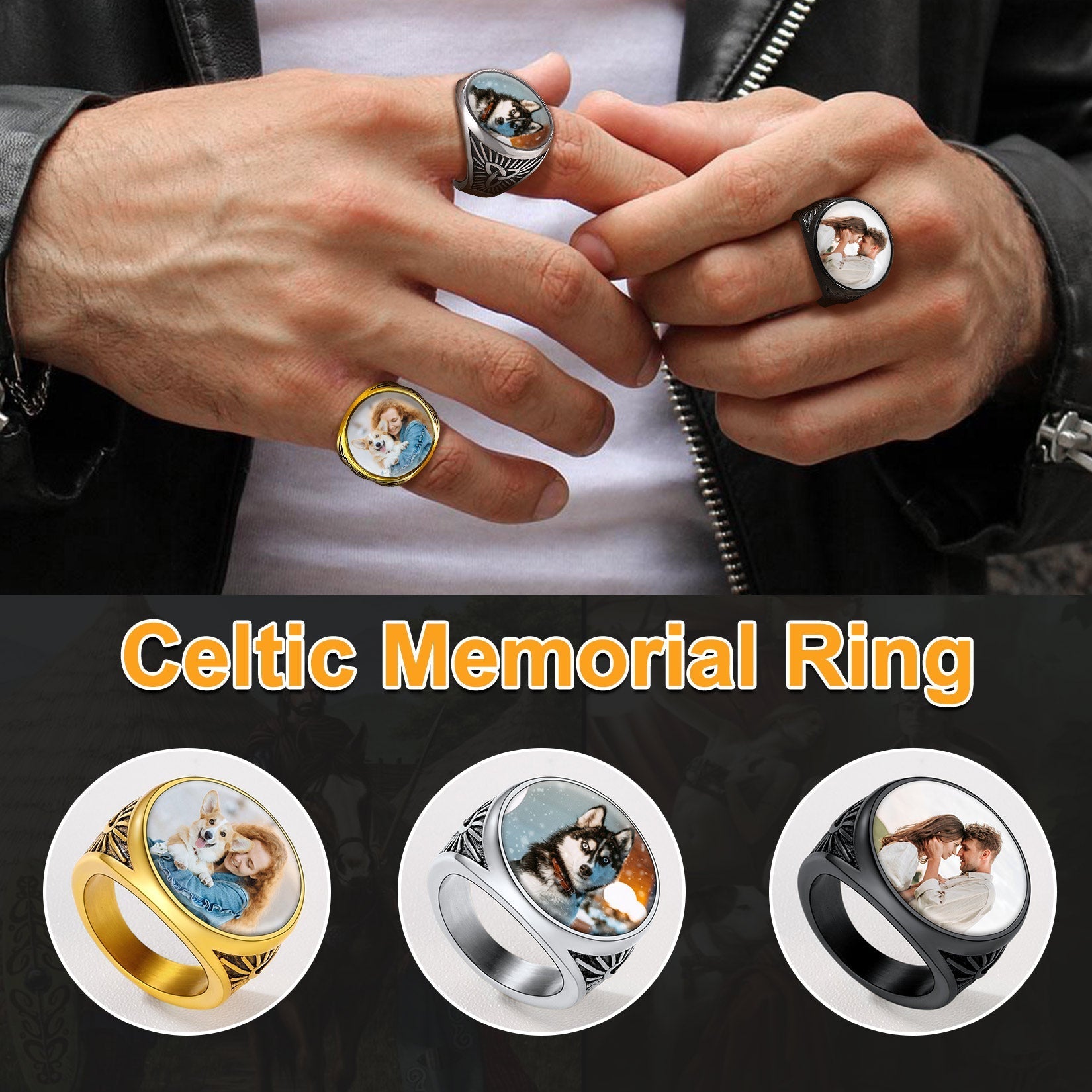 Personalized Custom Celtic Triquetra Signet Ring With Photo for